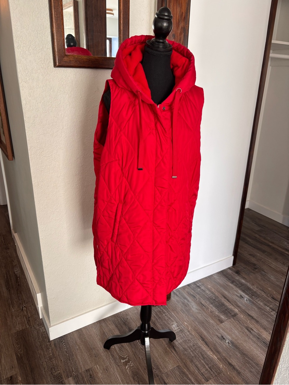 Tribal Jeans Red Quilted Hooded Long Puffer Vest